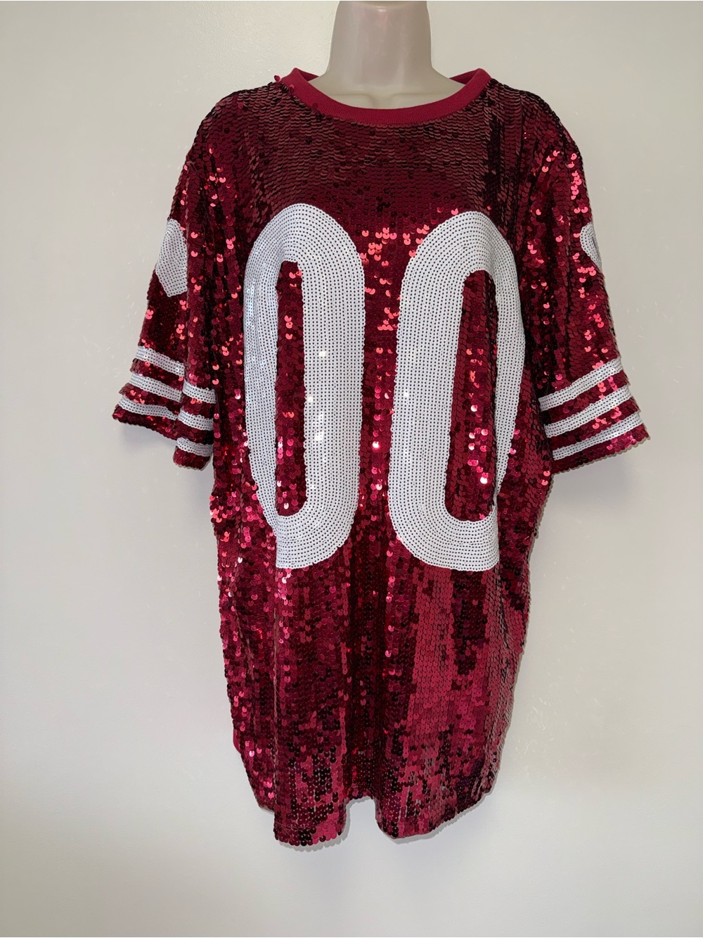 WHY Dress (OS) Red & White Short Sleeve Sequin '00' Football Jersey Dress